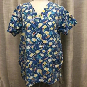 Blue Scrub Top with Rainbows, Clouds and Stars. (M)
